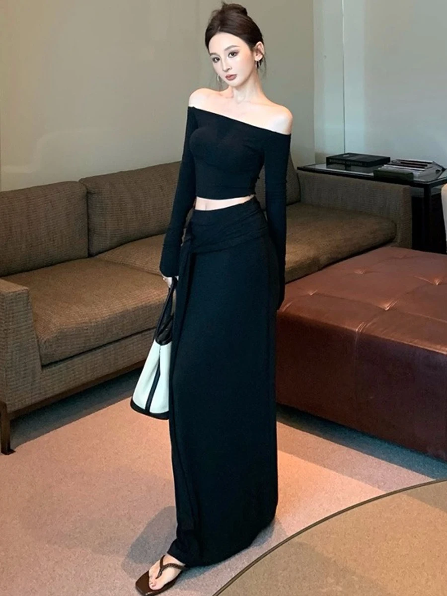 Korean Style Sexy Fashion Design One Shoulder Slim Fit T-Shirt Top And Skirt Set Women's Clothing Casual Wear Short Sleeve