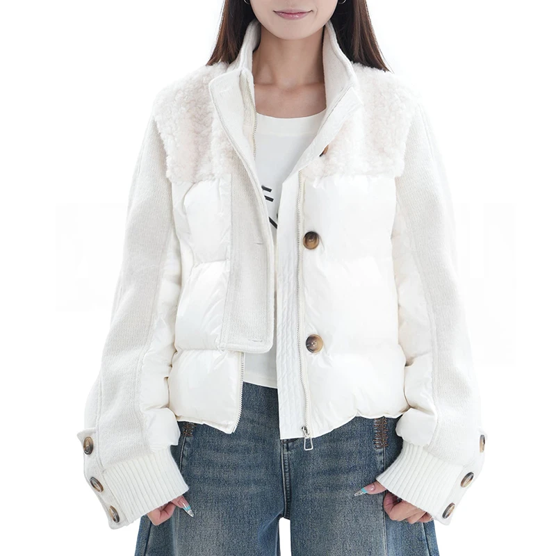 

Stylish Patchwork Warm Padded Jacket Women Winter Parkas Long Sleeve Zip Up Overcoat Female Thick Jacket Outerwear White