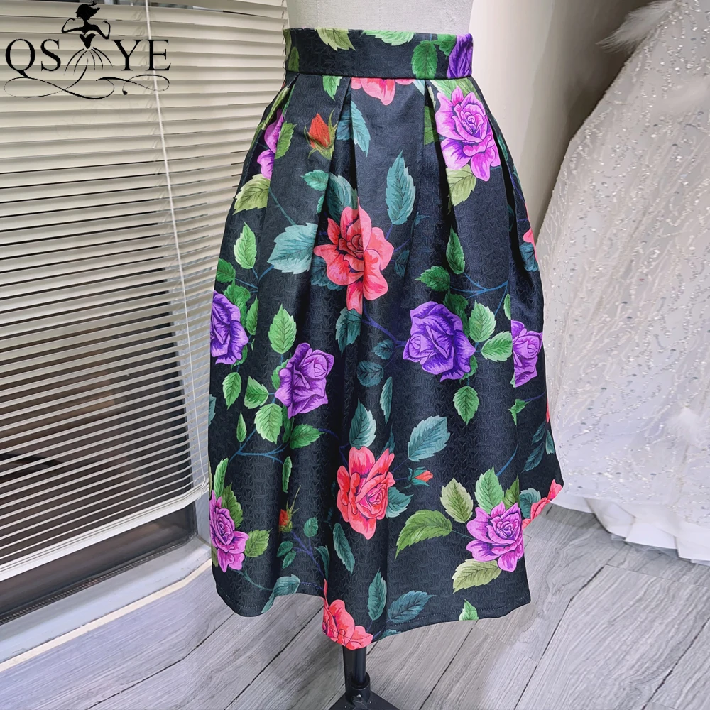 Colorful Flowers Black Satin A line Overskirt Heavy Satin Women Overlay Evening Skirt Long Box Pleated Maxi Party Dresses