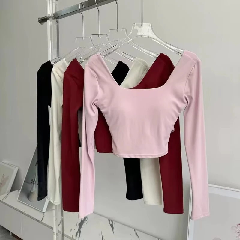 Autumn Slimming Long Sleeved Yoga Top Crossed Back with Fixed Chest Pads for Sports Running Fitness Tight Fitting Shirt