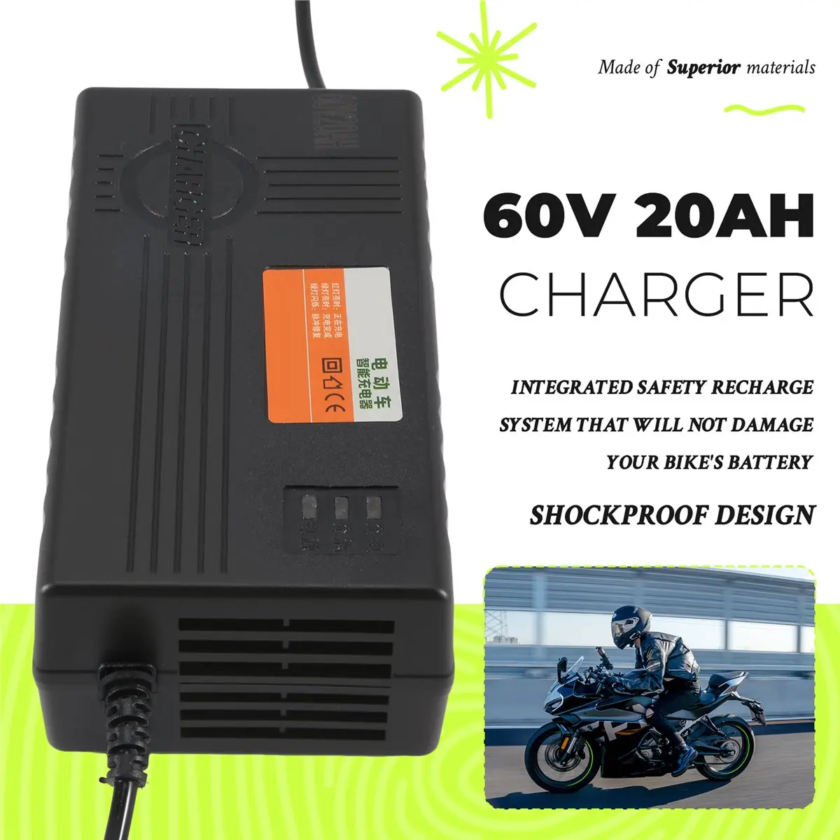 #66Q (Black)60V 20AH Motorcycle Battery Charger 6 LED Display for Scooter Wheel,Automotive Parts & Accessories