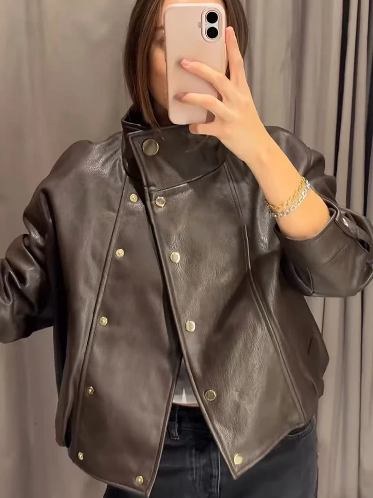 Women's Retro PU Leather Jacket Motorcycle Style Autumn New Stand Collar Outerwear Top Leisure Long Sleeve Faux Leahter Coat