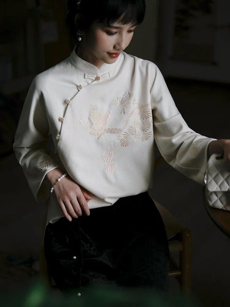 

Young Sle Jiangnan Flavor Chinese National Knitted Embroidered Tang Suit Top Stand Collar Retro Ele Tea Clothes