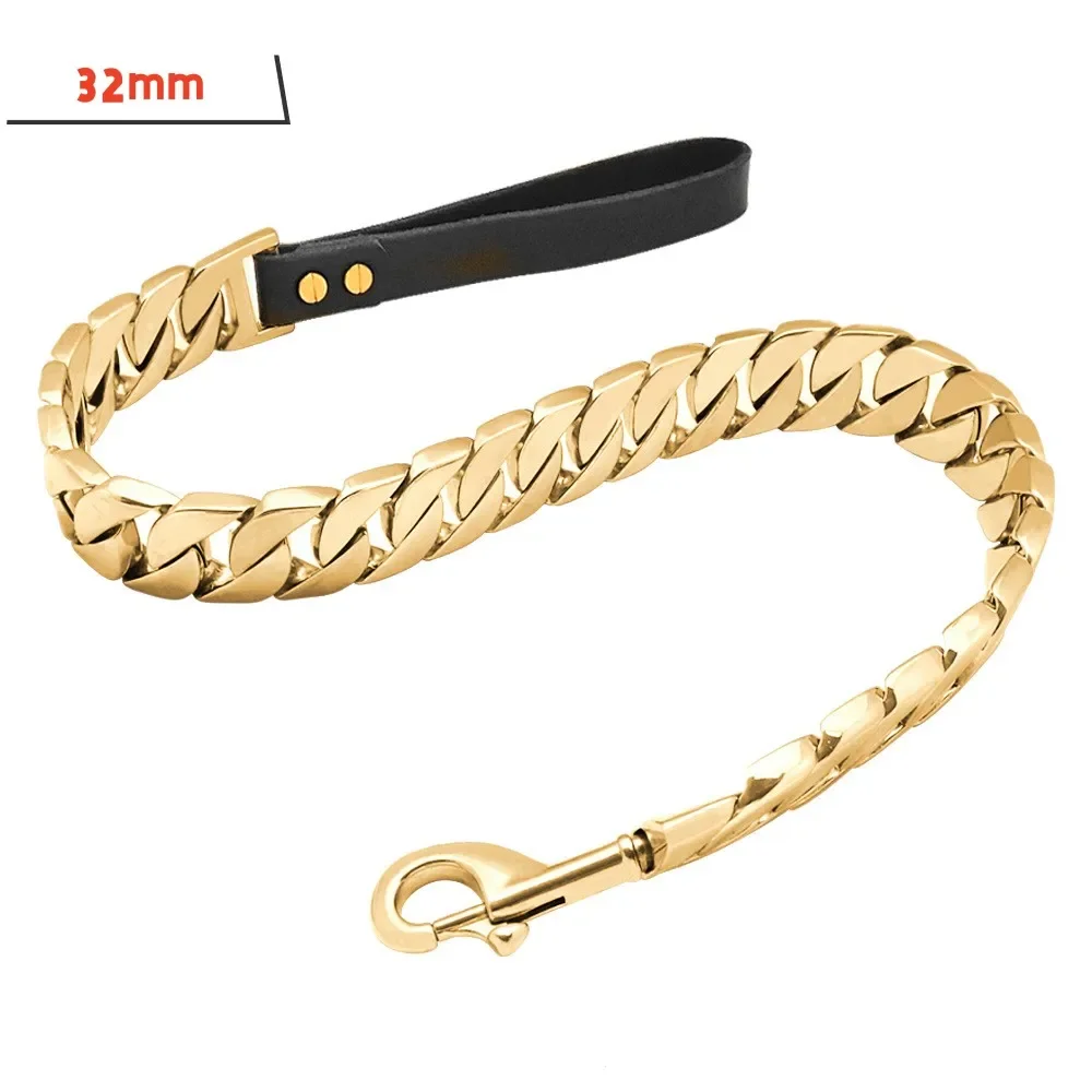COOYOMOO Edelstahl-Hundeleine, Haustierleine, Traktion, superstarke goldene Halsbandkette, 32 mm, 19 mm, Bulldogge, Pitbull, große Hundehalsband-Leine 6