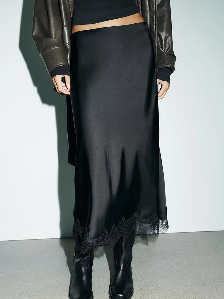 Faionable Lace Trim Zijde Satijn Textuur Midi Rok Dames Nieuwe Collectie Herfst 2025, Ele Toneelkostuum Traditionele Hanfu