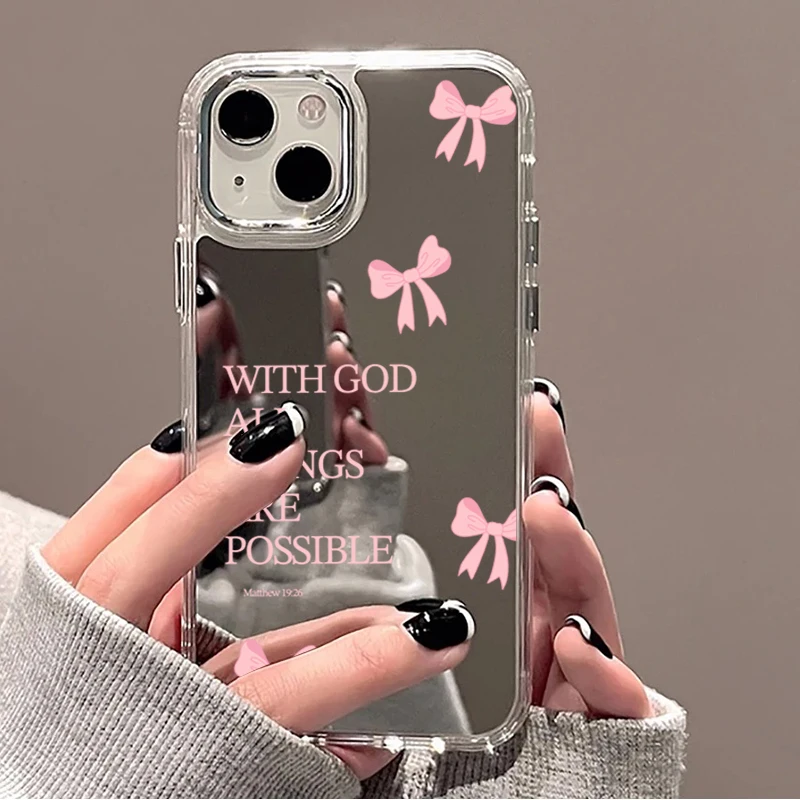 Religious Quotes Pink Bow & Colorful Letter Print Mirror Phone Case for iPhone 17 16 15 14 11 12 13 Pro Max 16E Shockproof Cover