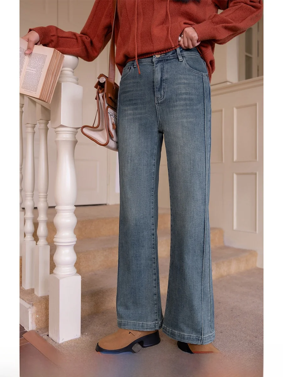 

Расклешенные джинсы с высокой талией, женские большие размеры, выцветшие джинсовые брюки с талией в стиле ретро, повседневные длинные брюки для женщин больших размеров