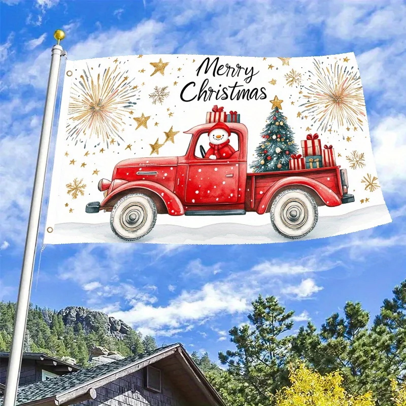 1pc Vintage Red Pickup Truck Christmas Flag - Santa Claus, Merry Christmas Text Outdoor Yard Decoration Heavy-Duty