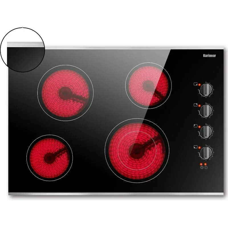 Karinear 30 Inch Electric Cooktop 4 Burners, Knob Control Built-in Ceramic Cooktop, 30