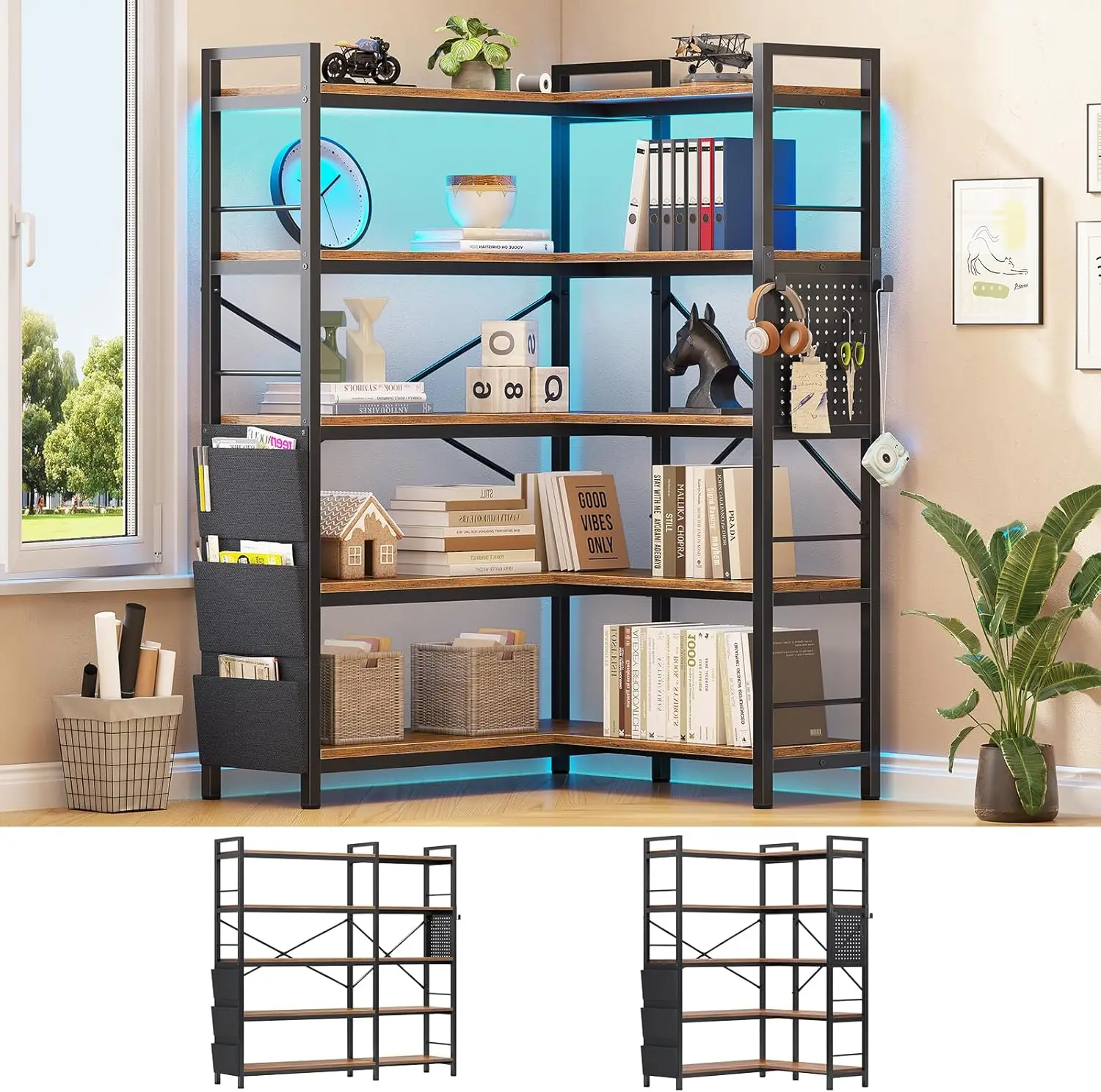 Sedeta 5 Tier Corner Bookshelf, Modern Corner Bookcase, Convertible Bookshelf With Storage Bag, Pegboard & Led Light, Tall