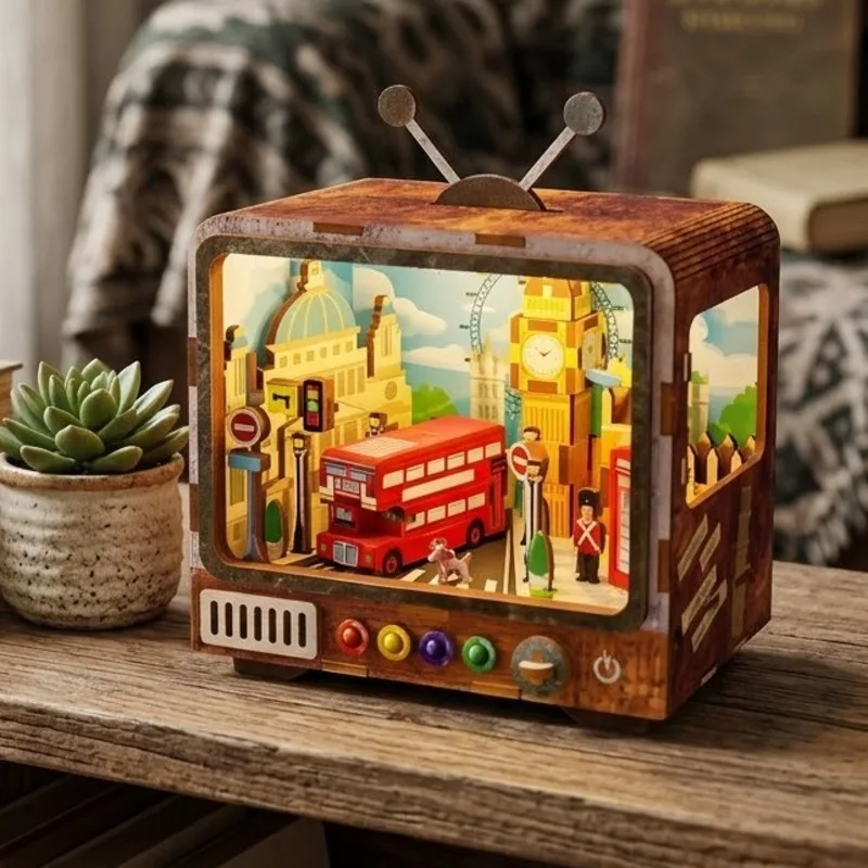 

DIY Wooden TV Puzzle Model Handmade Retro Assembly Toy With Lighting Architectural Ornament Gift For Adults Kids Decor
