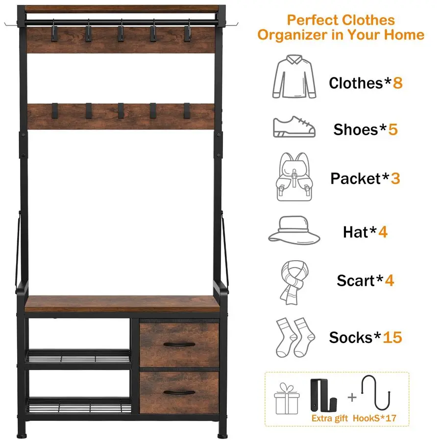 Hall Tree, 31.5 Entryway Bench with Coat Rack freestanding, 5 in 1 Intelligent Design Shoe Bench and Wall Rack 17 Hooks and Draw