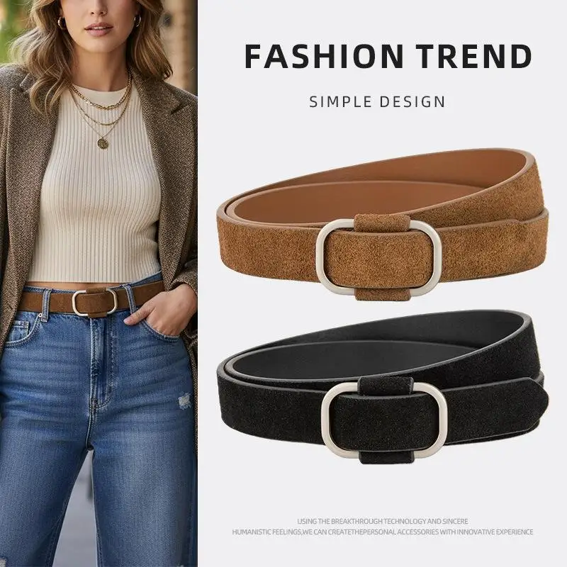 Elegant Women Suede Cowhide Thin Waist Belt Metal Square Buckle Office Commuting Blazer Dress Slimming Cinch