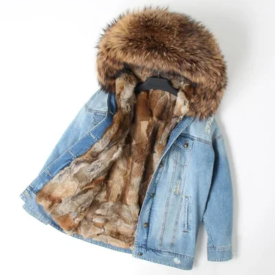 Girls denim fur parka Raccoon fur hood overcoat for kids Natural rabbit fur lined coat