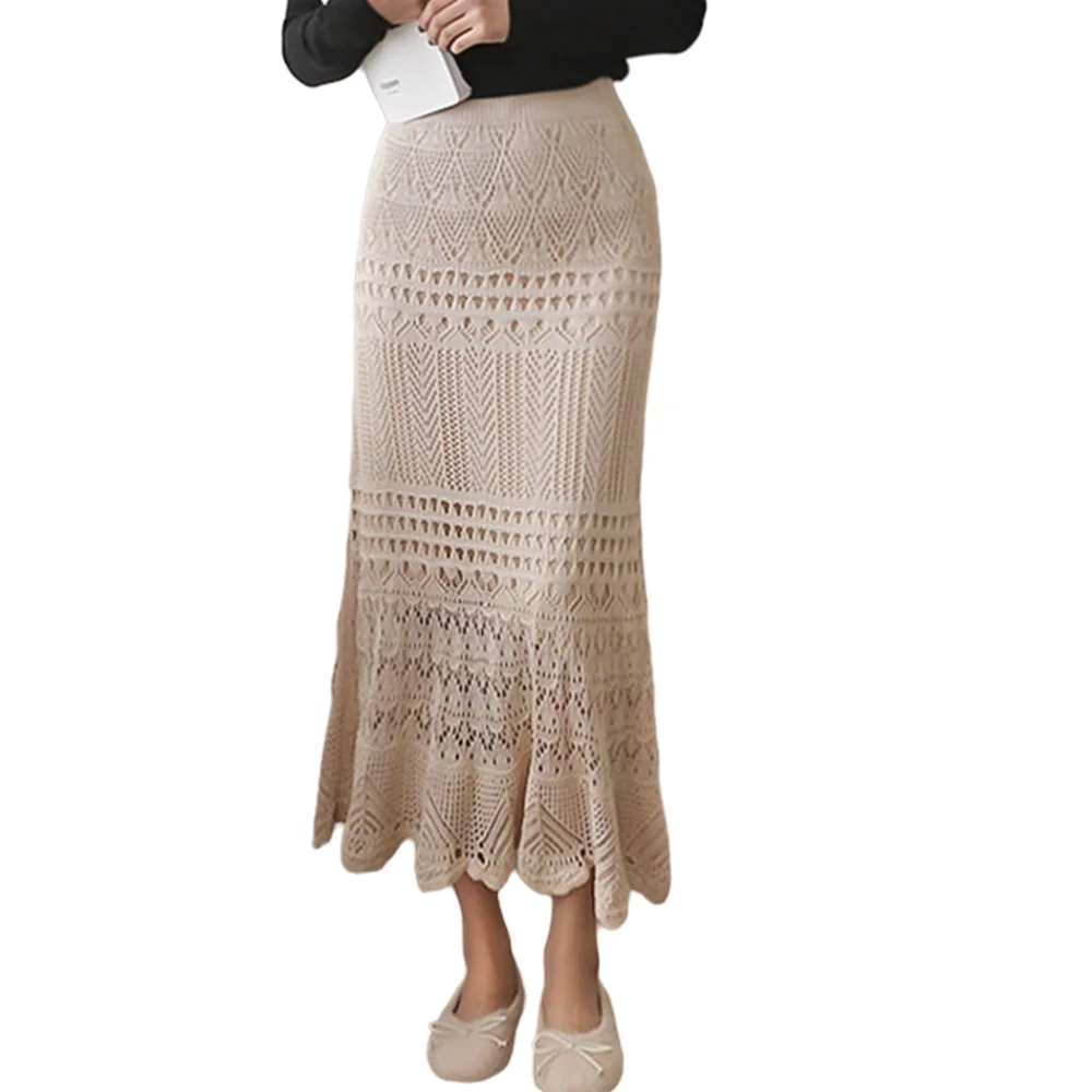 

Long Skirts for Ladies Elegant , High Waist, Loose, Hollow-Out Crochet Knitting Stretch Dress, Plus Size, S-8XL