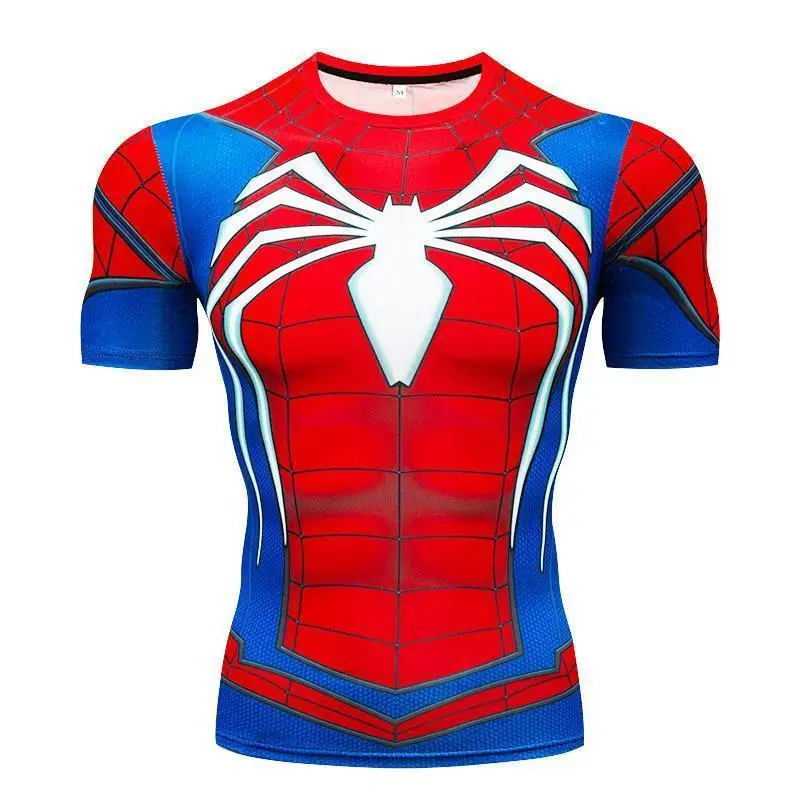 Marvel Spiderman Iron Man T-Shirt Superheroes Trendy Print T-shirt Man Gym Workout Quick-drying Tight Fitting Sportswear Clothes