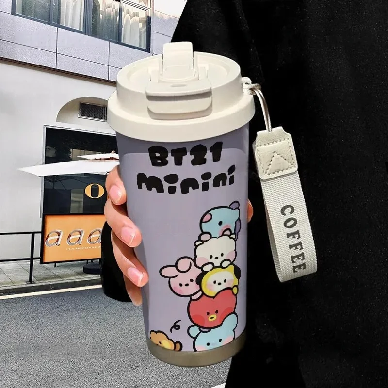 520Ml Bt21 Stainless Steel Insulated Cup Kawaii TATA CHIMMY COOKY Outdoor Sports Portable Double Layer Large Capacity Water Cup