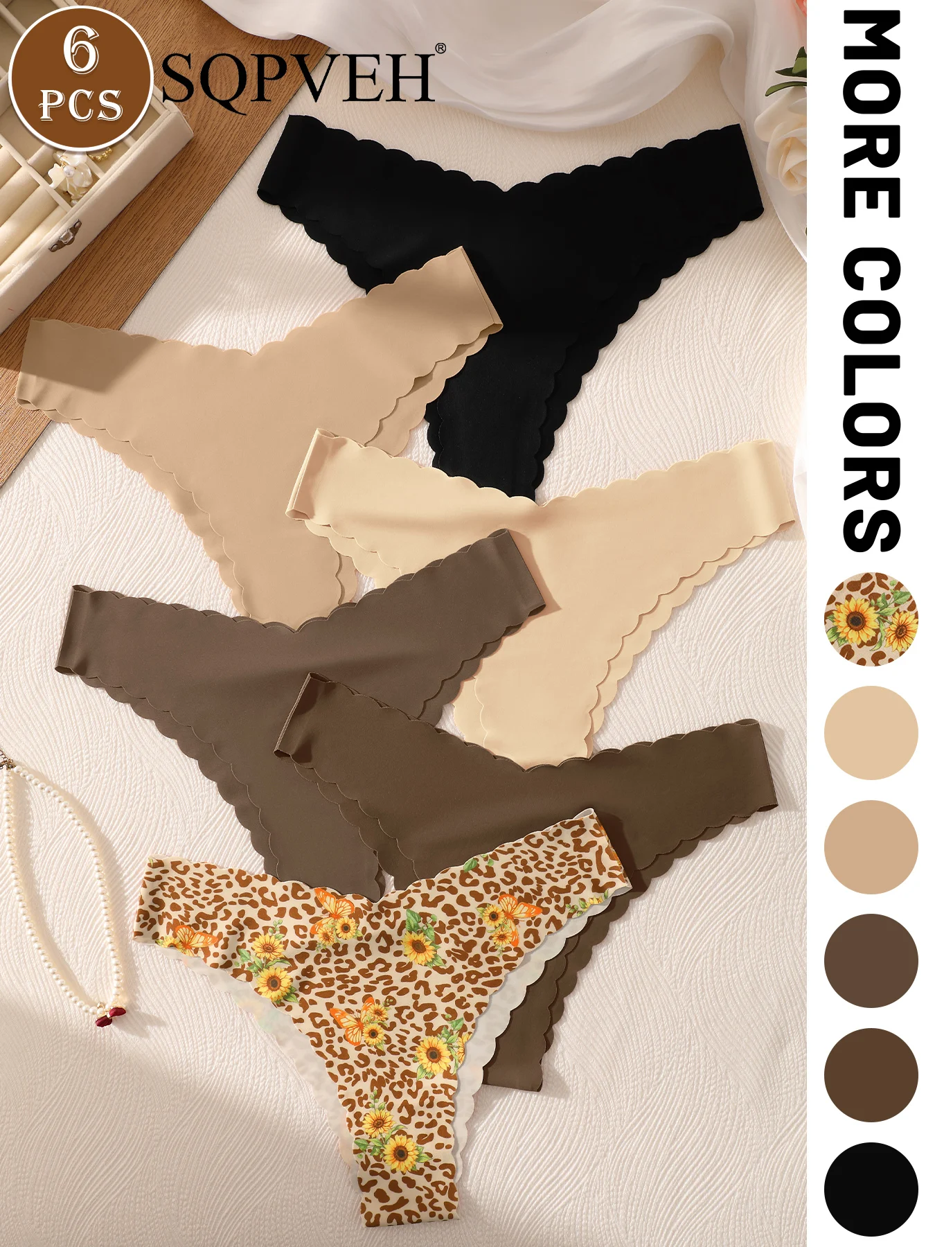 6PCS Wavy Edge V-Cut Seamless Thongs for Women Soft Breathable No-Show Daily Underwear Neutral Solid Sunflower Leopard Print