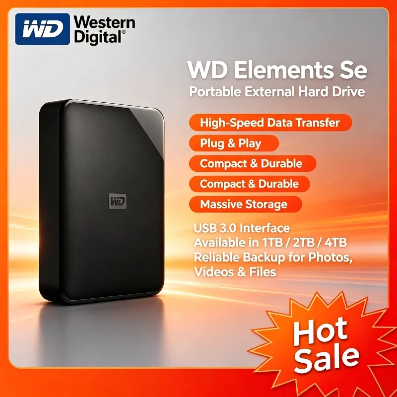 Disco Duro Externo Portátil WD Elements SE 2026 de 1TB/2TB/4TB, USB 3.0, Alta Velocidad, Almacenamiento de Respaldo para PC, Laptop, Mac, Escritorio