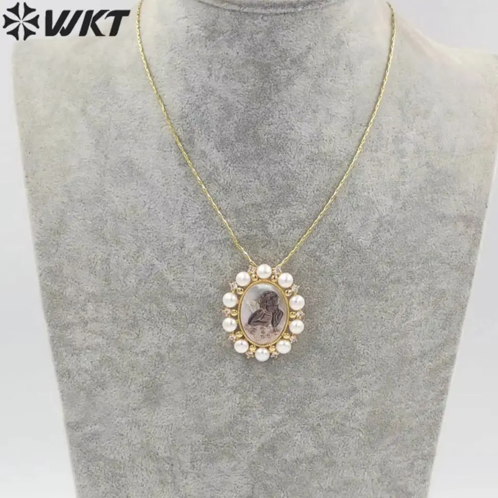 WT-JN165 WKT Expensive Christian Natural Freshwater Pearl With Shell Necklace Angel Baby Zircon Pendant Gold Lady Jewelry Gift
