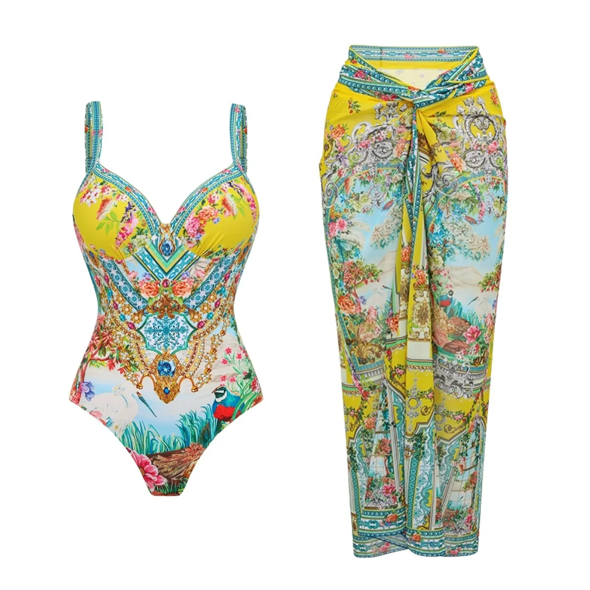 2Pcs Floral Bedruckte Badeanzug Sexy Frauen Bikini Push Up Bademode Hohe Taille Biquini Weibliche Sarong Badeanzug Abnehmen Bademode