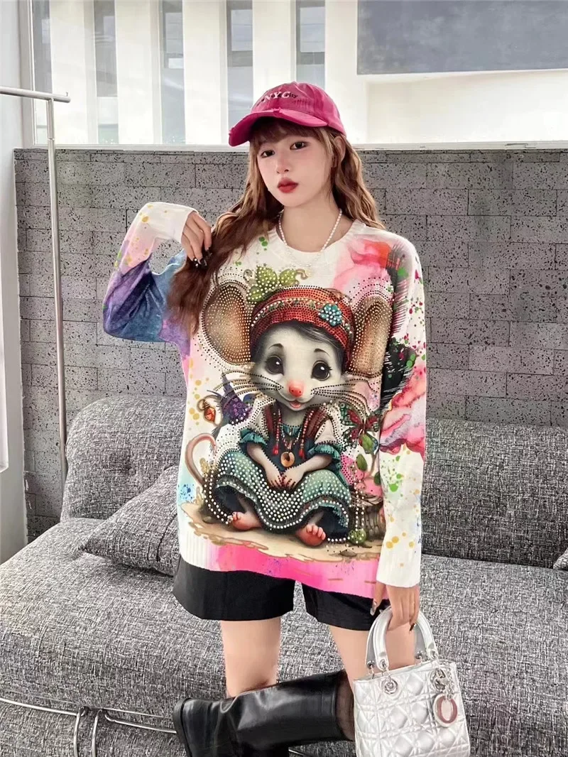 2024 Autumn Winter New Hot Diamond Tie-dye Cartoon Sweaters Women Loose Fashion Top Round Neck Pullover Long-sleeved Sweater