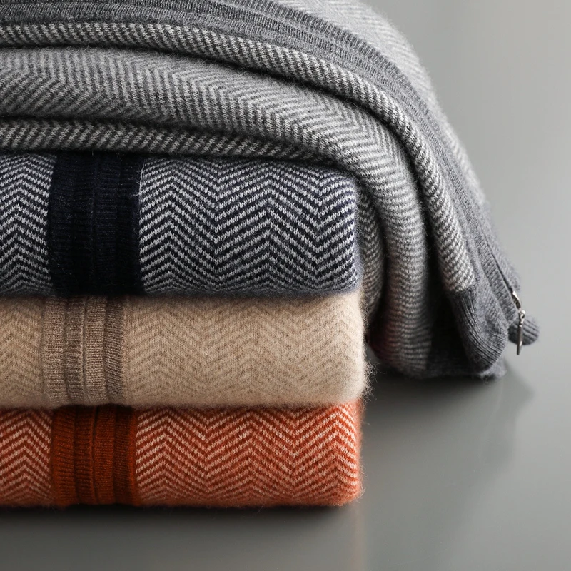 100% Merino Wool Jacquard Set Men's Half High Collar Zipper Knitted Cardigan Casual Small Leggings Autumn/Winter Thick Pants Set view 6