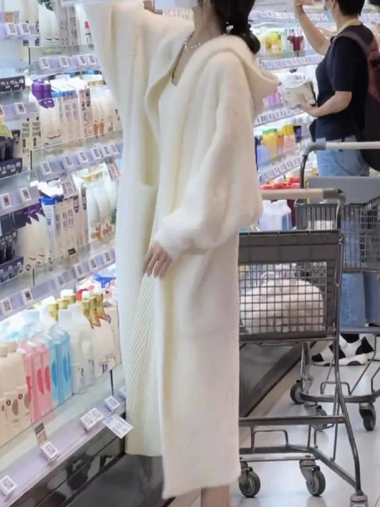 Thickened Faux Fur Knitted Open Cardigan Coat Women\'s Gentle Lazy Style Knee-Length Long Hair Coat Autumn Winter Outerwear
