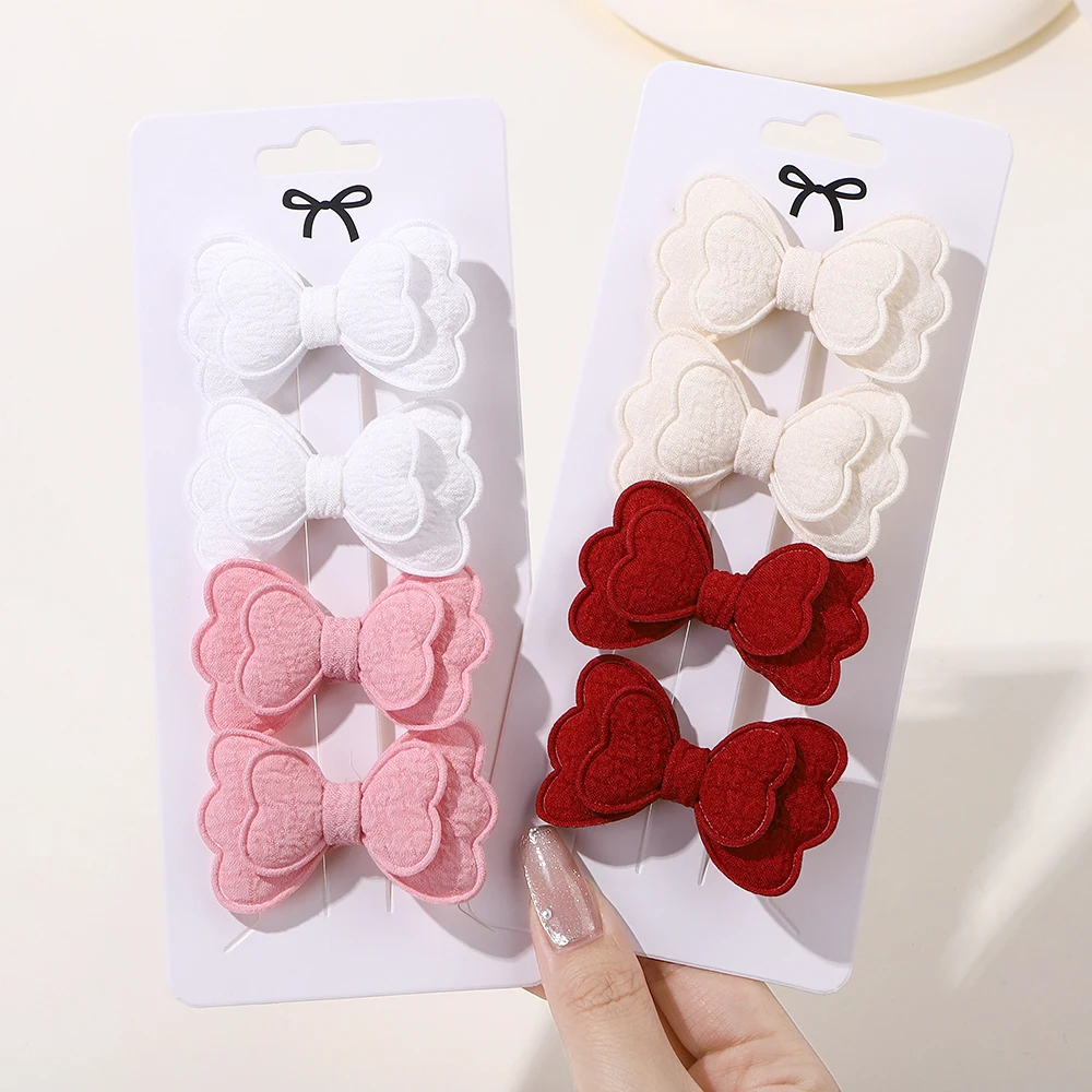 Candy Colored Hair Clip Set para Meninas, Double Layered Bow, Cute Bangs, Safe Cotton, Acessórios para Cabelo Infantil, 4Pcs, Set