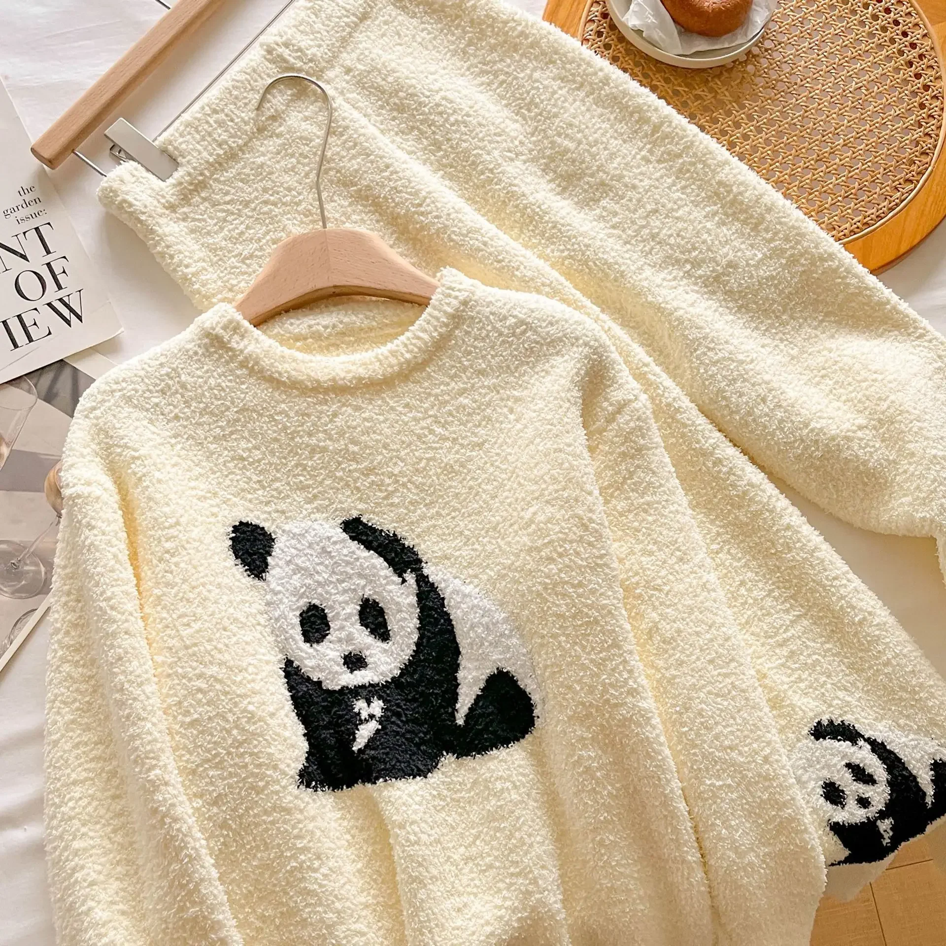 Winter Thick Plush Sleepwear Two Piece Set Female Sweet Cute Cartoon Panda Pajamas Flannel Fleece Loungewear Pijamas Homewear