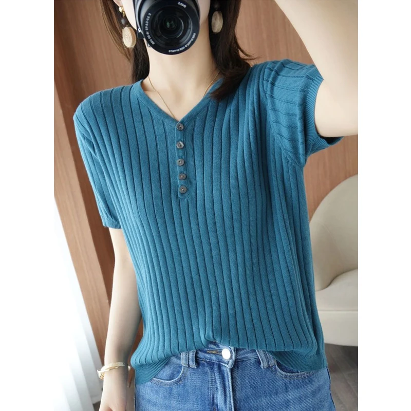 Women Fashion Elegant Simple V Neck Short Sleeve Ribbed Knitted T-shirt 2024 Summer Casual Solid Basic Pullover Tops Ropa Mujer