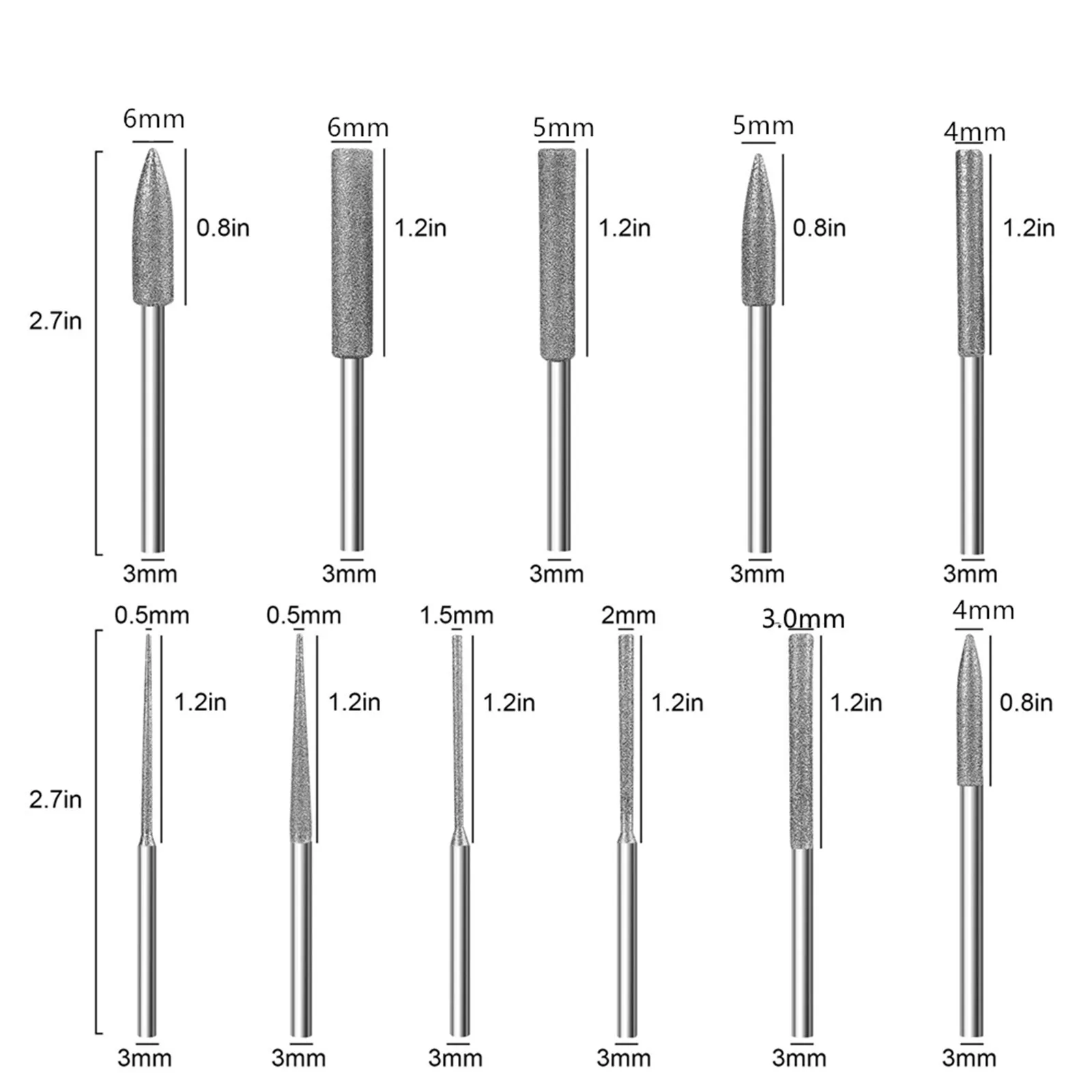 11Pcs 3mm Shank Diamond Grinding Burr Needle Point Engraving Carving Polishing Glass Jade Stone Drill Bit Rotary Tool Set