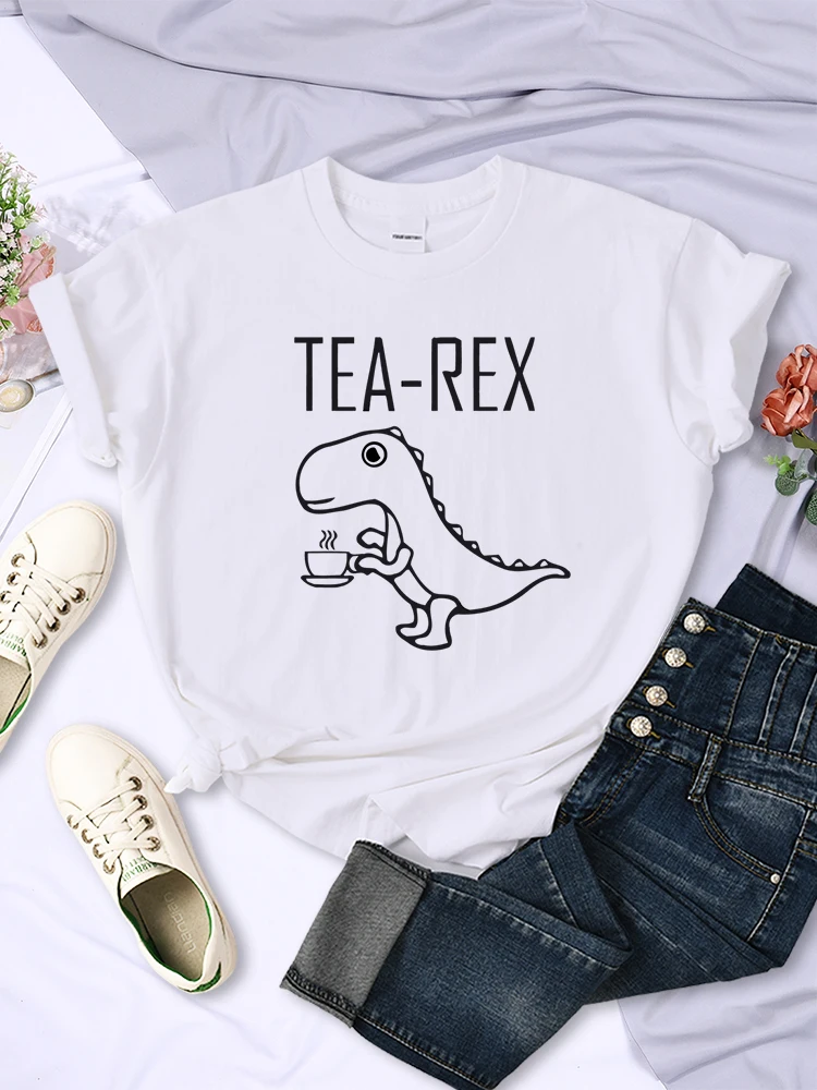 Tea Rex Funny Dinosaur Drink Coffee Female T-Shirts Breathable Casual Short Sleeve Personality All-math Tee Clothing Women Tops