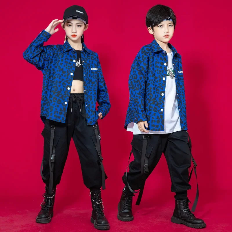 Kid Kpop Hip Hop abbigliamento Blue Leopard Print Shirt Top Casual Cargo Jogger Harem Pants for Girl Boy Jazz Dance Costume Clothes