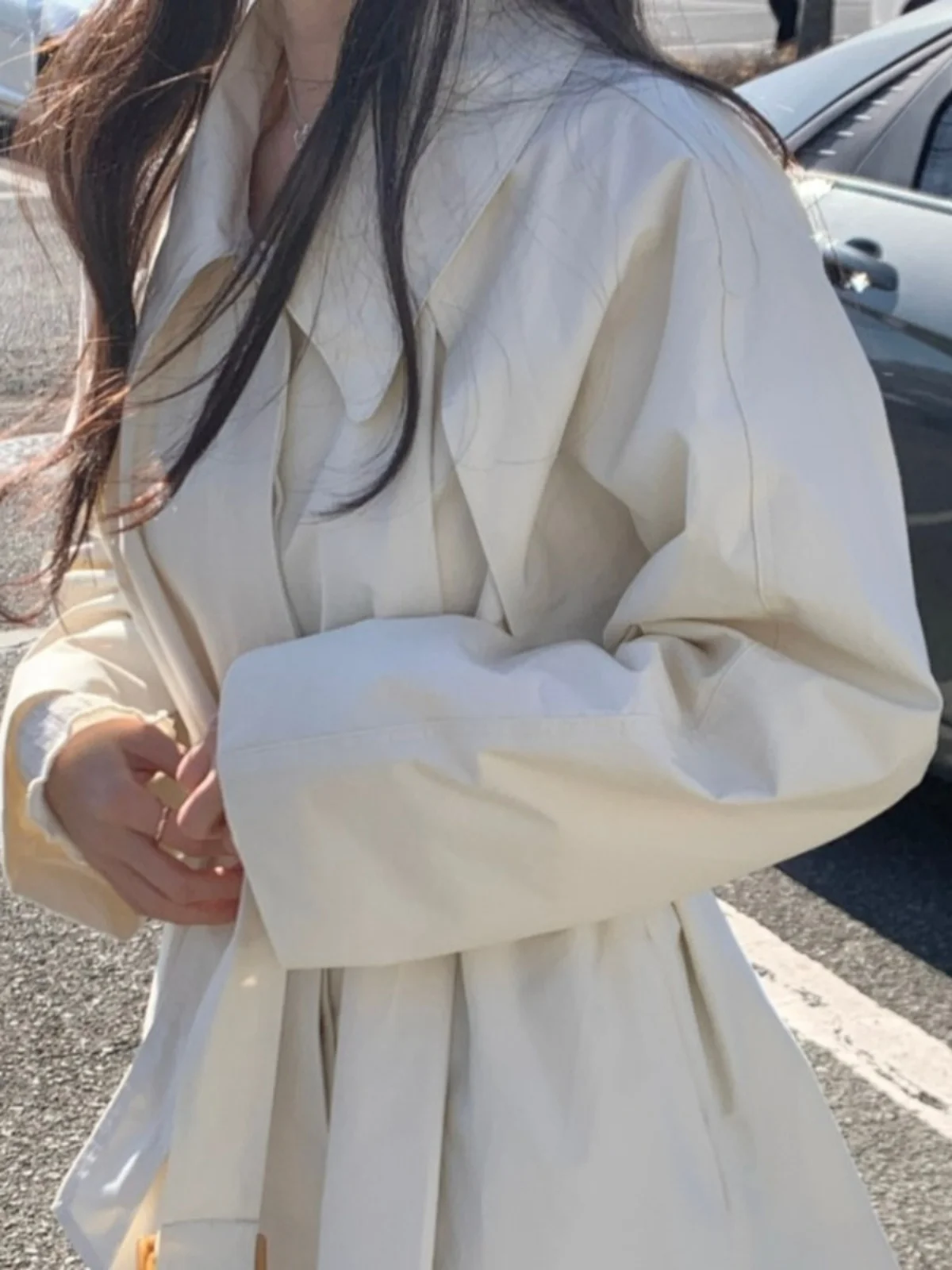 Women's Long Waist-Cinching Belted Coat Autumn New Sle Korean Version Loose Fit Long Sve Single Button Closure  Color