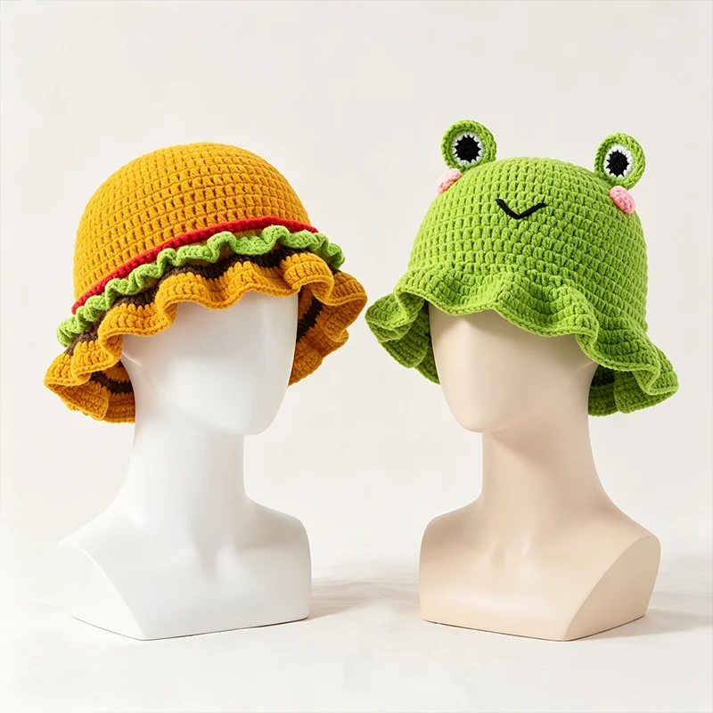 Funny Cartoon Crochet Bucket Hat Hand‑Knitted Frog Hamburger Shape Bucket Cap Ruffle Brim Novelty Party Daily Outdoor Fashion