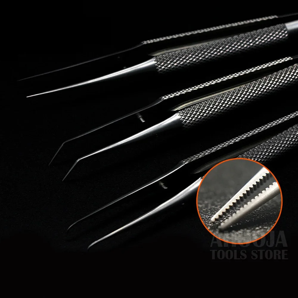 High-Precision Microscope Tweezers Chip IC Plant Tin Tweezers Tip Bend Tweezers Stainless Steel Toothed Antiskid No Magnetic