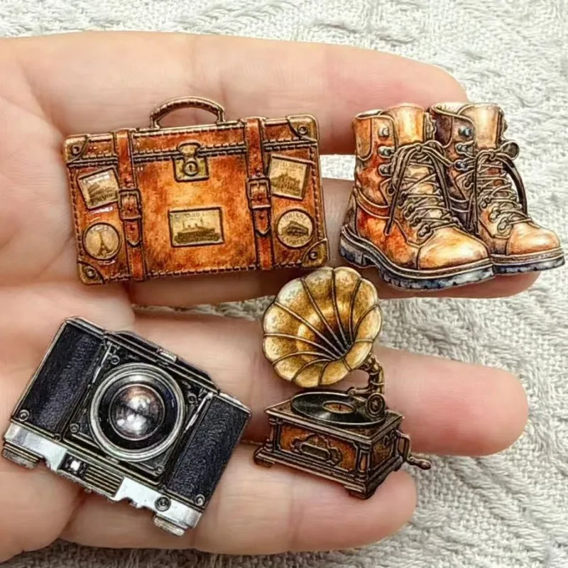 4pcs Creative Vintage Telephone Cassette Camera Record Player Alloy Enamel Brooch Lapel Pin Tape Backpack Badge Accessories