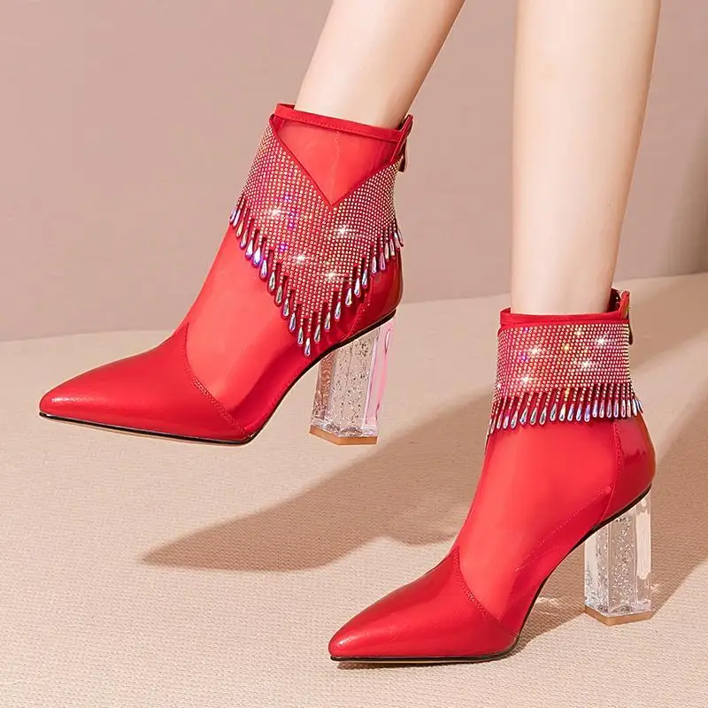 2022 New Women Mesh Sandals Boots,High Heeled Summer Shoes,Fashion Sexy Rhinestone Tassel,Pointed Toe,White,Dropshipping