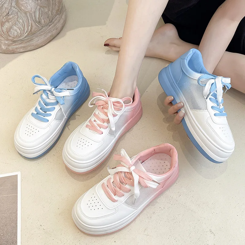 Girl's New gradient mesh breathable board shoes small white shoes with women's shoes summer thick sole casual shoes