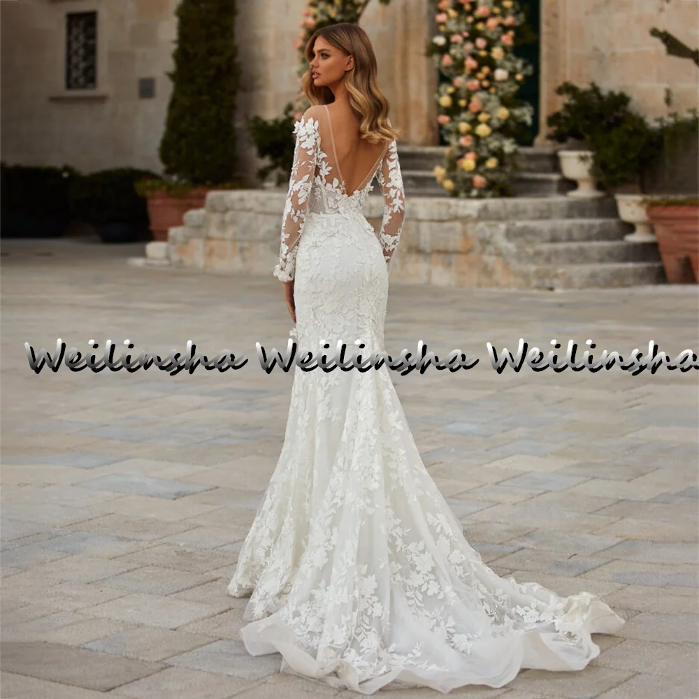 Weilinsha Boho Wedding Dresses Sweep Train Long-Sleeve Sevy Plunging Neckline Ivory Tulle Mermaid  Gowns 2022