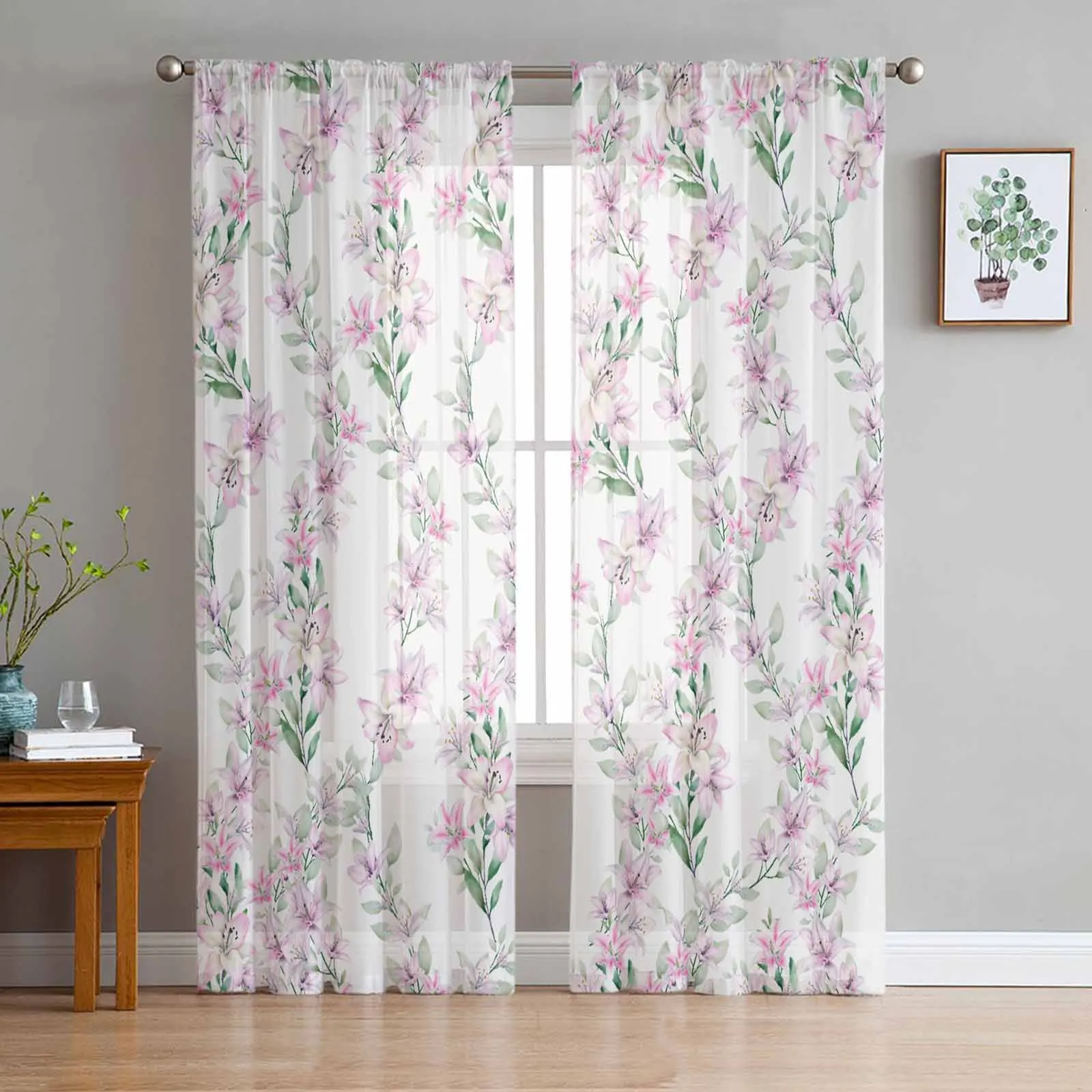 Watercolor Flower Lily Tulle Curtains for Living Room Sheer Curtain for Bedroom Kitchen Blinds Voile Curtains