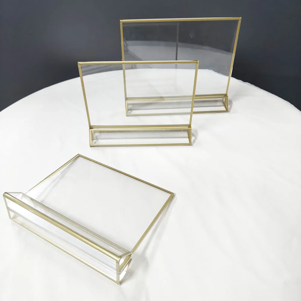 Acrylic Gold-edge Triangular Table Card Horizontal Vertical Photo Frames Display Stands Transparent Dining Table Decorative