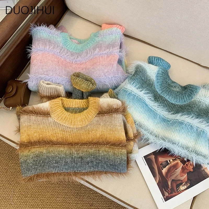 DUOJIHUI Green Classic Striped Simple Casual Female Pullovers Winter Basic O-neck Fashion Contrast Color Sweater Women Pullovers