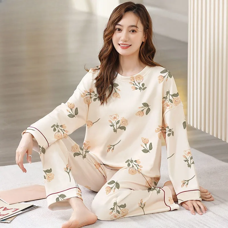 Middle-Aged Women Pure Cotton Pajamas Spring Long-Sleeved Striped Casual Round Neck Homewear Suit Large Size Sleepwear Set 2024