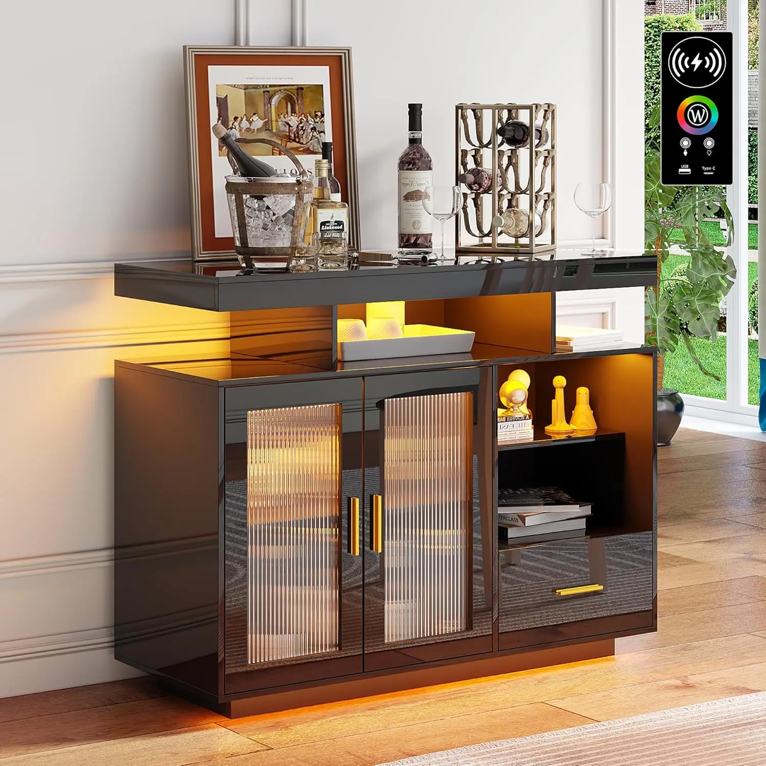 Buffet LED avec station de recharge, armoire de bar à café éclairée par RVB automatique, étagère réglable, noir