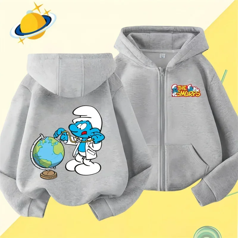 Anime Smurfs new pin zipper hoodie Boys girls sweatshirt autumn and winter long-sleeved Harajuku jumper casual hoodie top