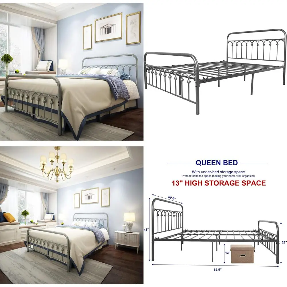

Vintage Style Queen Size Metal Bed Frame with Wrought Iron Headboard, Footboard, and Platform Base in Gray Silver