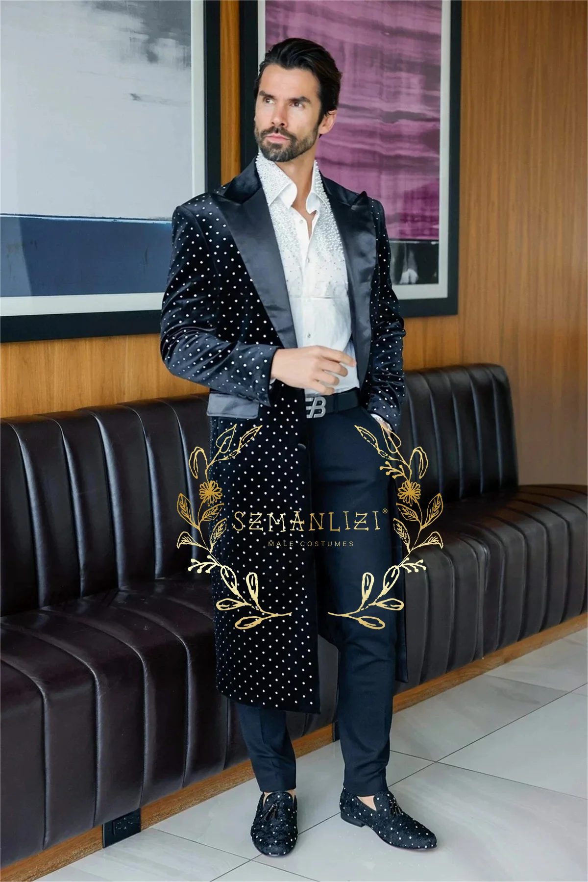 Luxury Black Velvet Groom Wedding Tuxedos Beads Long  Jacket Pants 2 Pieces Men's Suits Prom Party Blazer Sets Terno Masculino