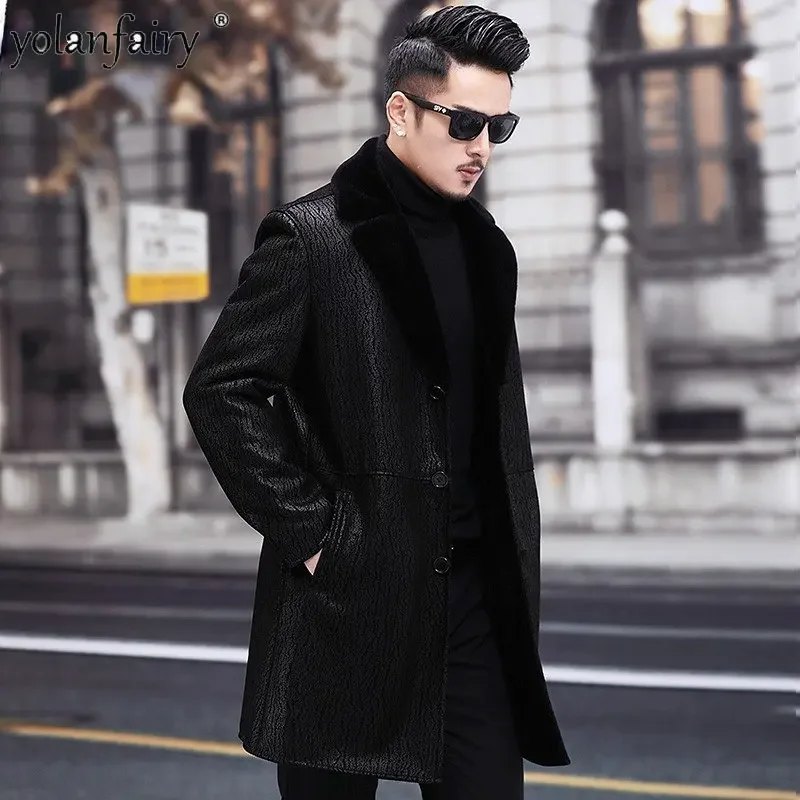 2023 New Natural Fur Coat Men's Sheep Shearing Men Midium Long Suit Collar Leather Windbreaker Winter Coat Leather Coats Jaqueta